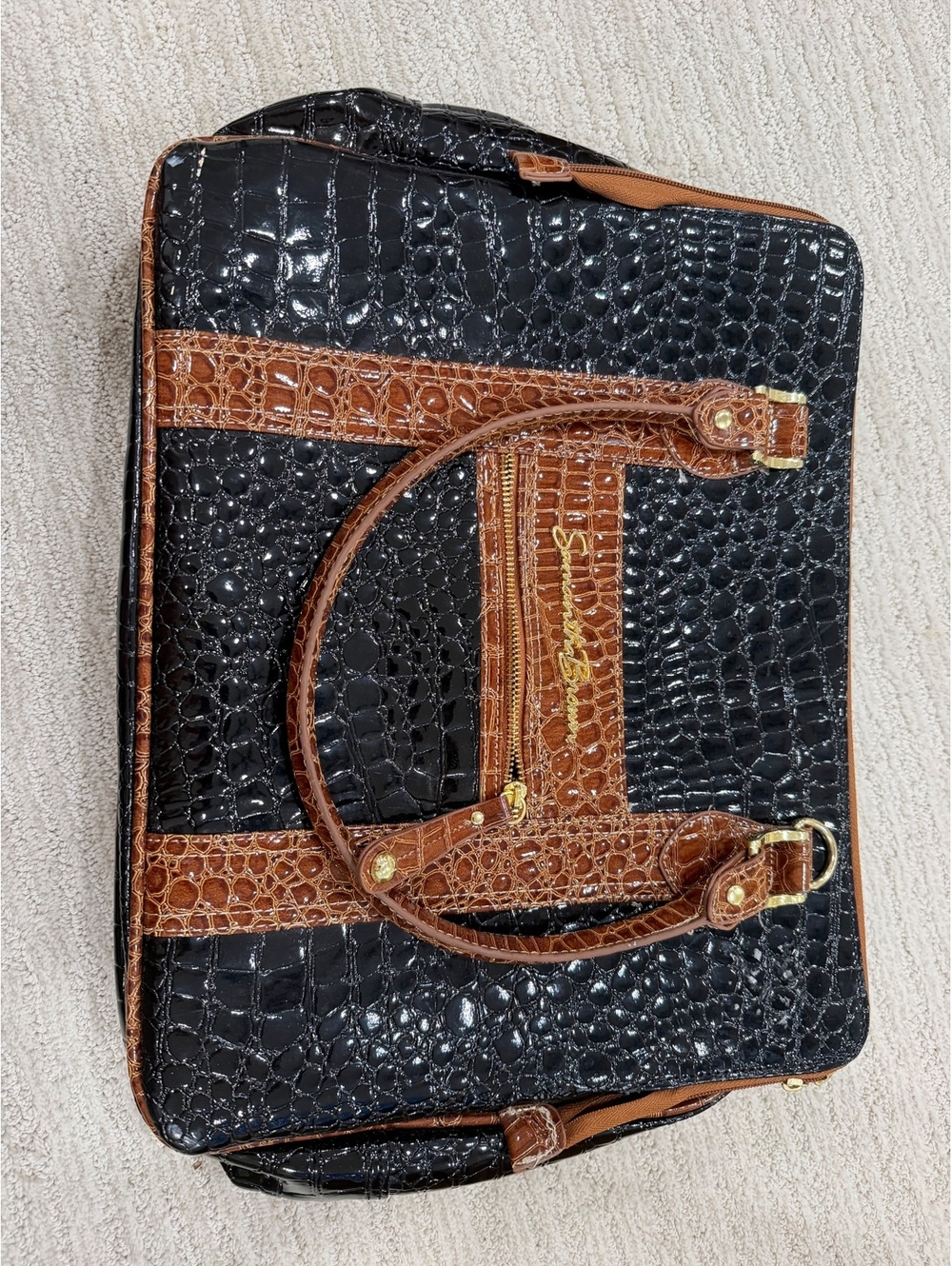 Black and brown croc embossed satchel bag